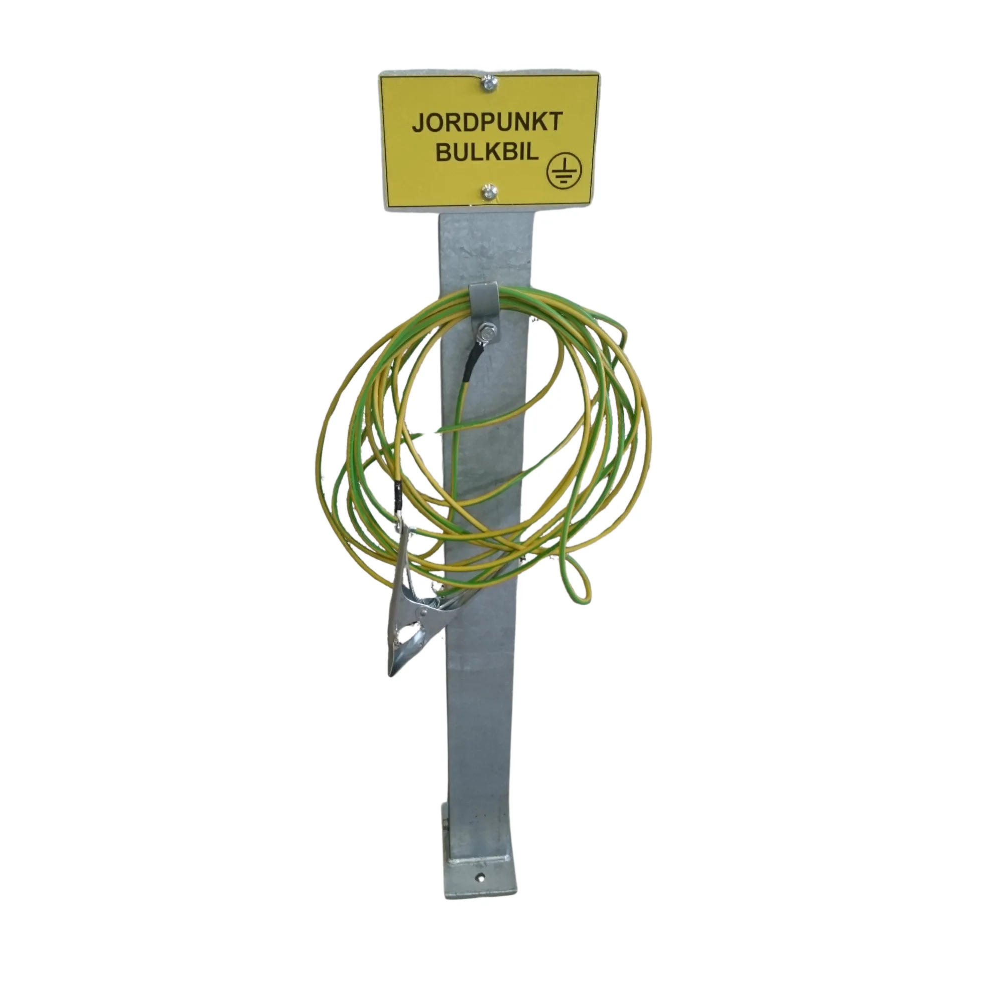 Post, cable & ground clamp for grounding bulk truck to silo