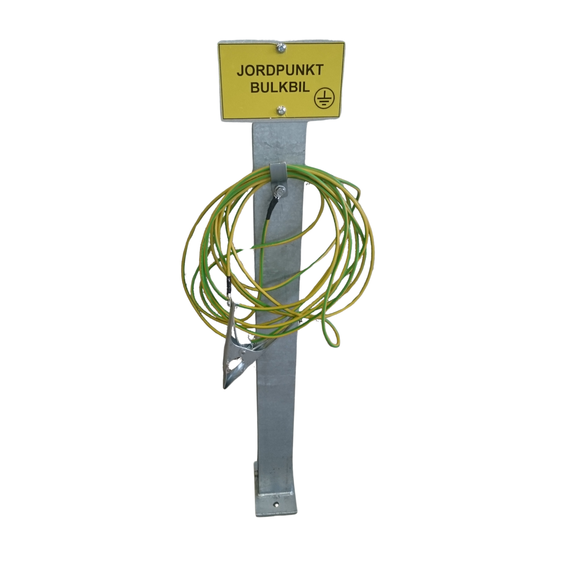 Post, cable & ground clamp for grounding bulk truck to silo